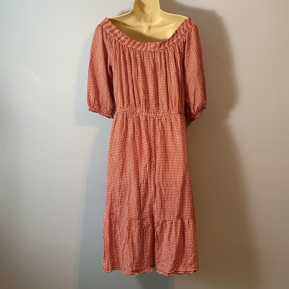 Old navy large Red Gingham Off-Shoulder Peasant tiered midi dress tomato girl 🍅 - Picture 2 of 7